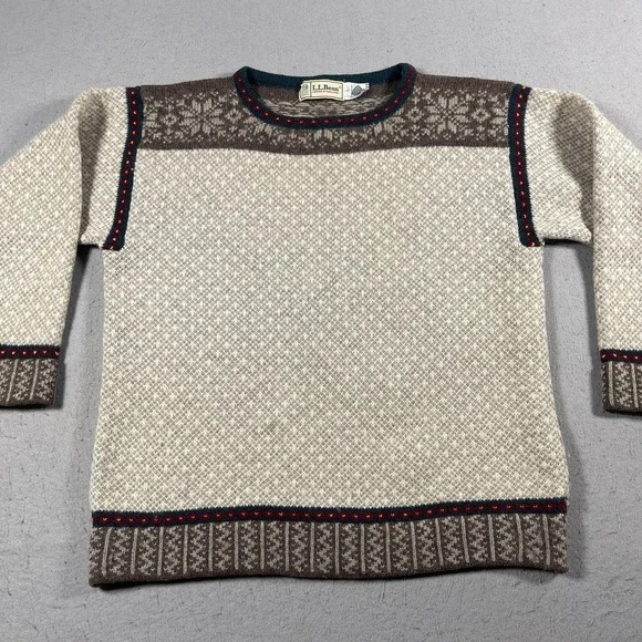 Vintage L.L.Bean Sweater Womens Large Gray Brown Wool Nordic Fair Isle Snowflake - Picture 2 of 8